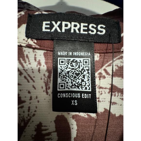 Express NWT Brown & white palm mini shirt dress Oversized flowy L/S tiered hem - Picture 11 of 12